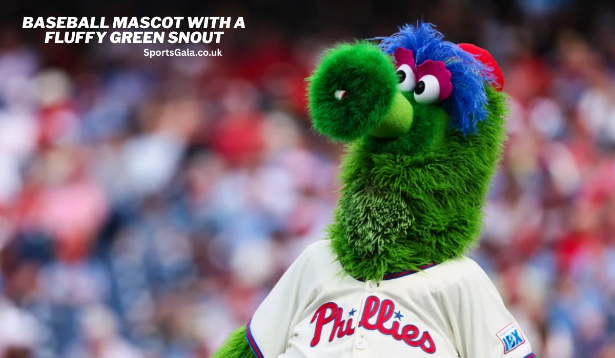 Baseball mascot with a fluffy green snout wearing a Phillies jersey, standing in a stadium with a blurred crowd in the background.