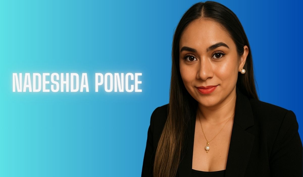 "Headshot of Nadeshda Ponce in black blazer with pearls, blue gradient background, name in white text."