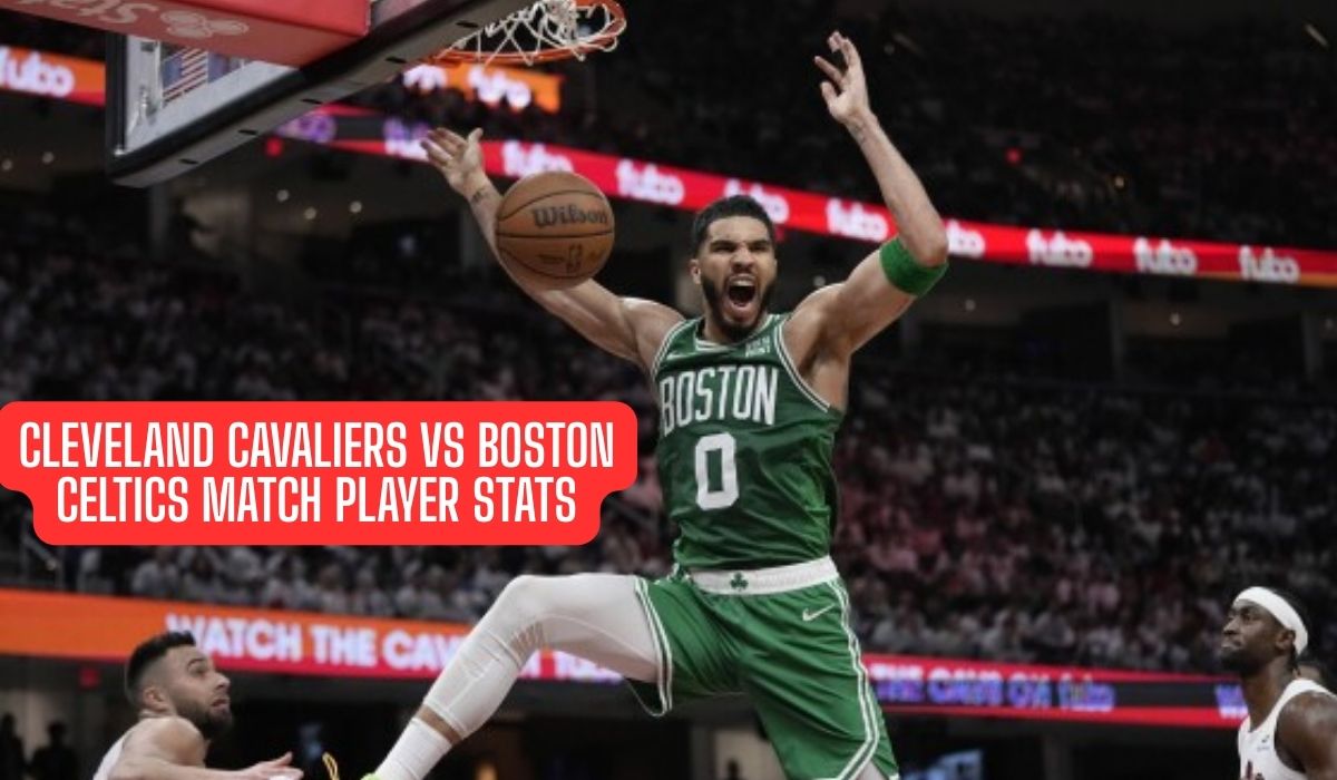 A graphic titled "ClevelAND CAVALIERS VS BOSTON CELTICS MATCH PLAYER STATS." It features the logos for the Boston Celtics (number 1) and the Cleveland Cavaliers. The text "MATCH THE CAT" and "Celeven CAM Tabs" appears to be a visual placeholder or design element and is not descriptive of the teams' player statistics.