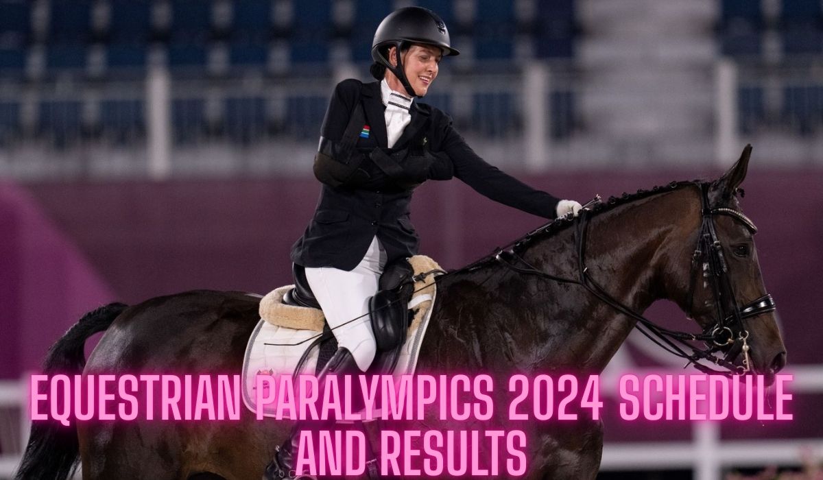 Para-equestrian rider smiling while riding a horse during competition, with text overlay reading 'Equestrian Paralympics 2024 Schedule and Results.