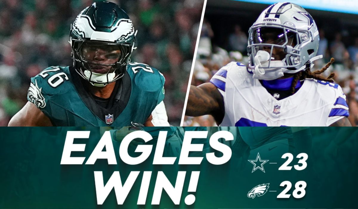 Philadelphia Eagles logo next to a scoreboard showing "EAGLES 28" and "WIN!" against the Dallas Cowboys. Philadelphia eagles vs dallas cowboys match player stats.