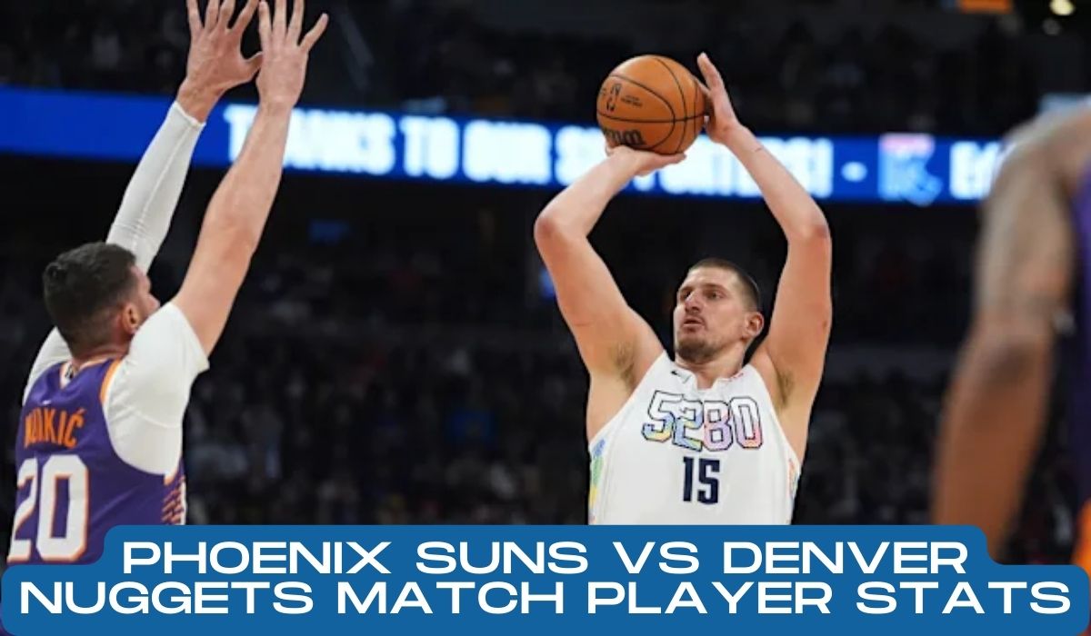 Phoenix Suns vs Denver Nuggets match player stats with Nikola Jokić shooting over Suns defense during NBA game.