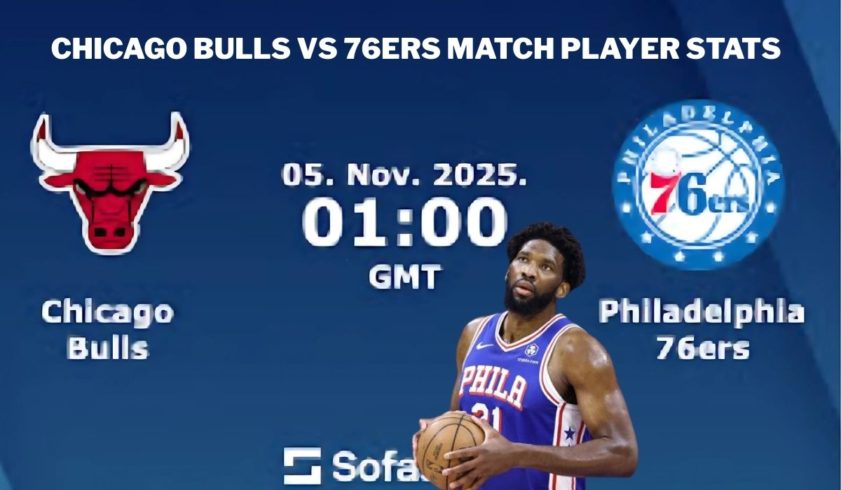"Chicago bulls vs 76ers match player stats graphic showing game date November 5, 2025 at 01:00 GMT, with team logos and Joel Embiid holding a basketball."