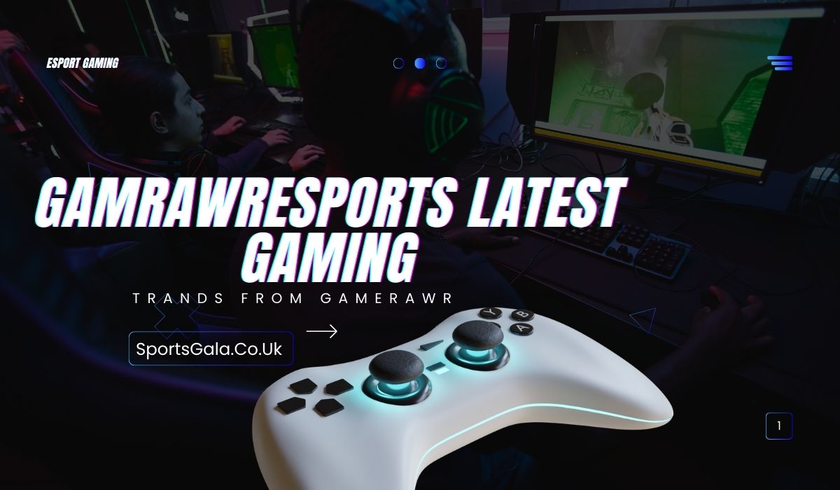 Promotional graphic for "gamrawresports latest gaming trands from gamerawr", featuring a futuristic white gaming controller in the foreground and a dark esports gaming setup in the background. Players are seen using computers with large screens displaying a first-person game. The text highlights esports gaming and branding from GameRawr, with neon lighting and a high-tech visual style aimed at gaming enthusiasts.