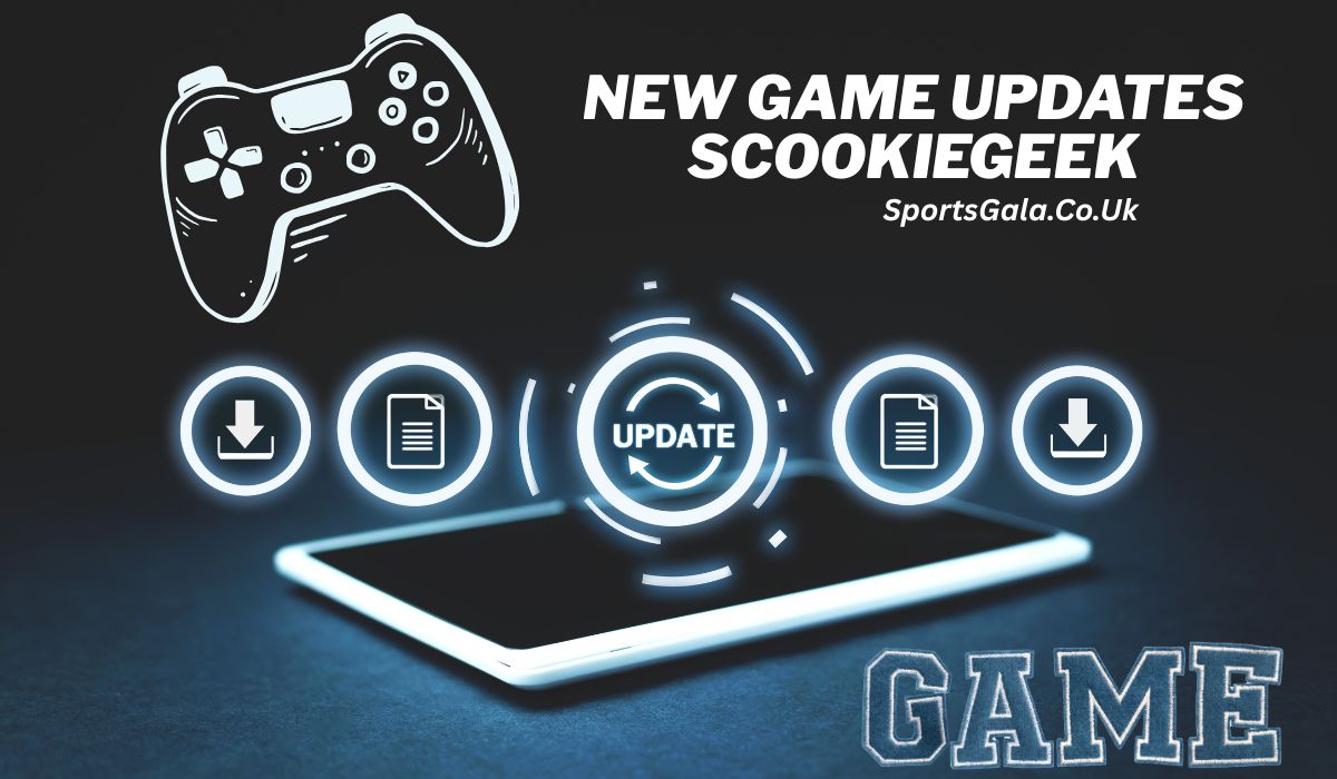 "Gaming controller illustration with digital update icons and smartphone, banner text 'New Game Updates ScookieGeek' from SportsGala.Co.Uk."