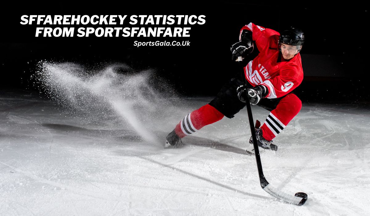 ALT text: A hockey player in a red and black uniform, wearing number 9, is captured mid-action on the ice, forcefully stopping and spraying ice while controlling the puck with his stick. Bold text above reads "SFFAREHOCKEY STATISTICS FROM SPORTSFANFARE" followed by "SportsGala.Co.Uk" in smaller font.