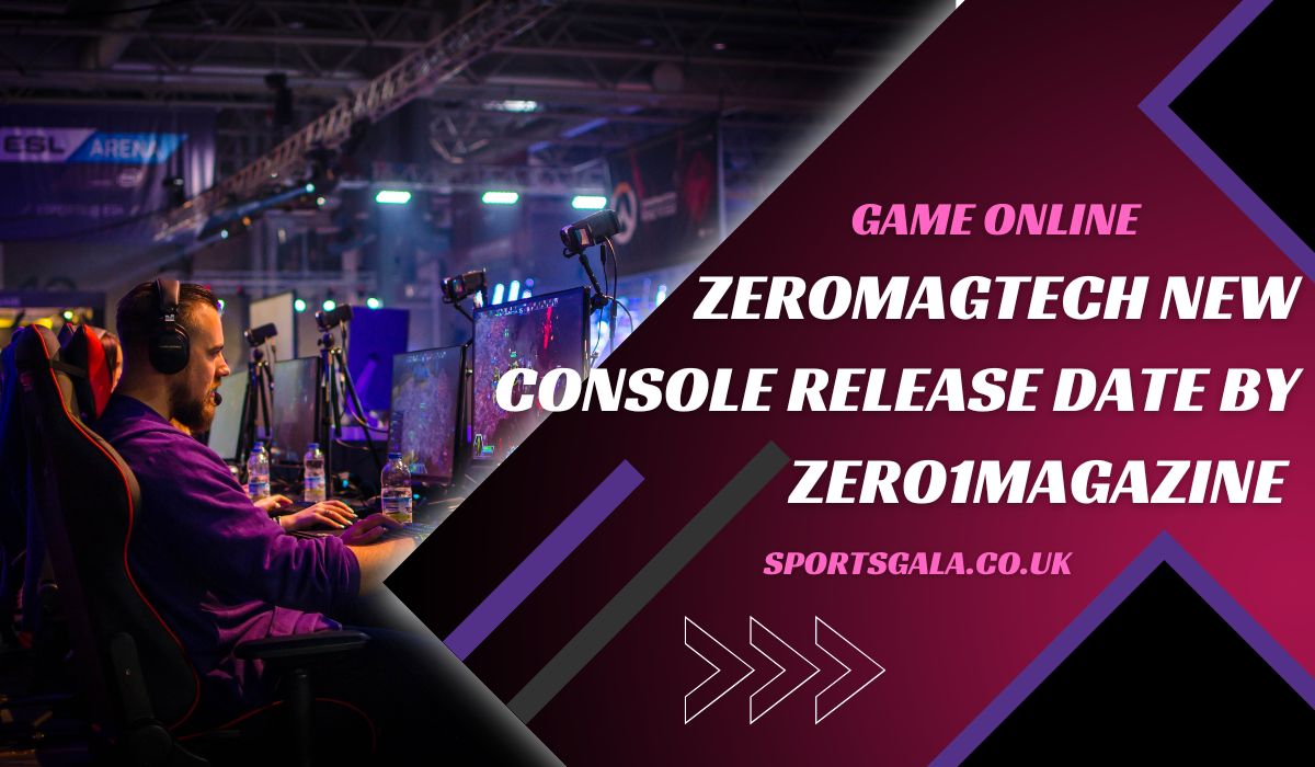 A promotional gaming-themed banner featuring a man wearing headphones and playing on multiple monitors in a dimly lit esports arena. On the right, bold text reads: “GAME ONLINE – Zeromagtech New Console Release Date by Zero1Magazine – sportsgala.co.uk.” The design uses purple and maroon gradients with modern arrow graphics, promoting news about a new gaming console release.